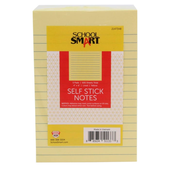 School Smart Removable Self-Stick Adhesive Notes, 4 x 6 Inches, Yellow, 100 Sheets/Pad, Pack of 5