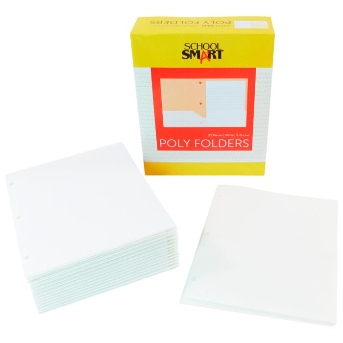 School Smart 2-Pocket Poly Folders, Letter Size, 3-Hole Punched, White, Pack of 25