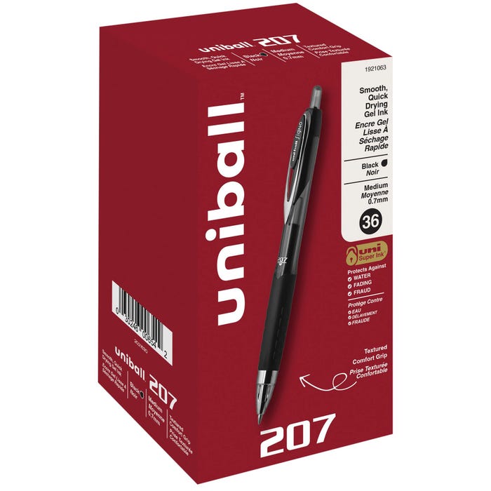 uniball 207 Retractable Gel Pen, 0.7 mm Medium Tip, Black, Pack of 36