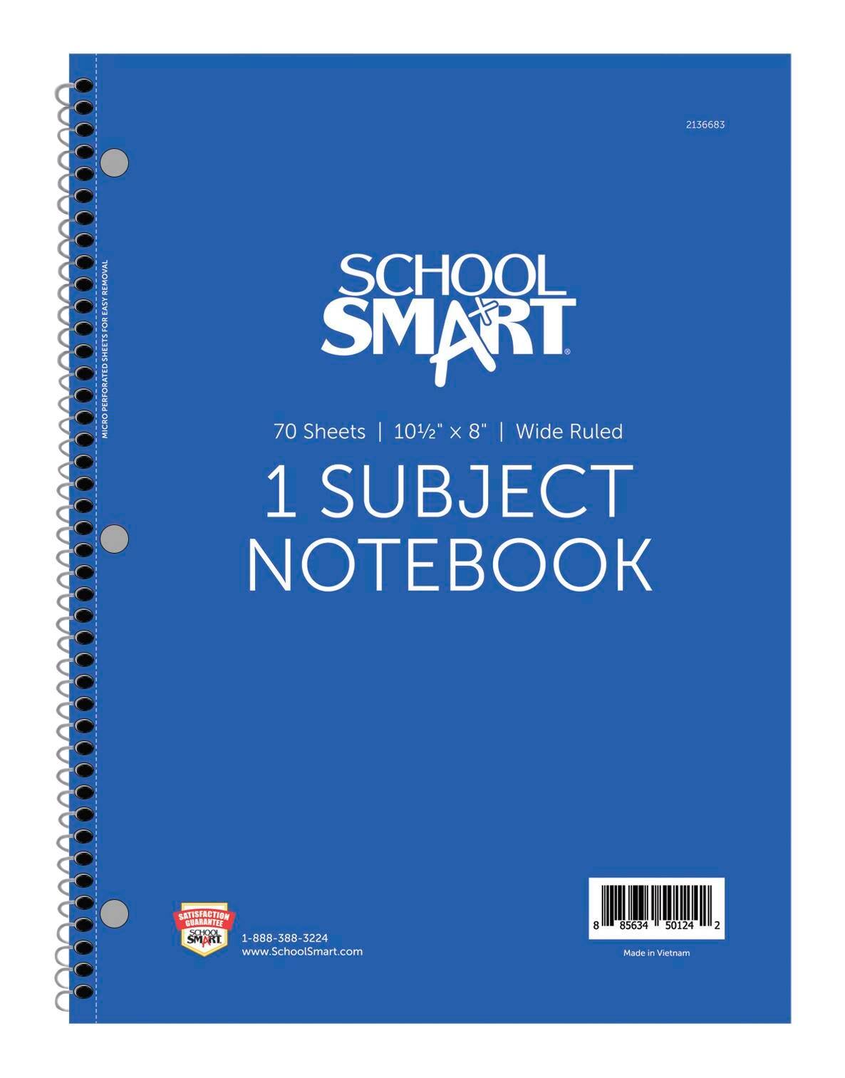 School Smart Wide Ruled Spiral Notebook, 8 x 10-1/2 Inches, 1 Subject, Blue, 70 Sheets 2136683