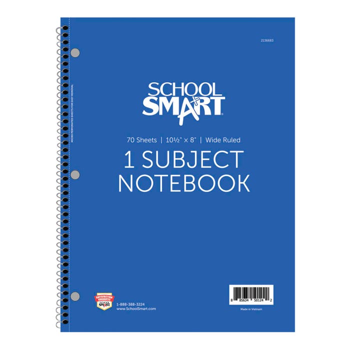 School Smart Wide Ruled Spiral Notebook, 8 x 10-1/2 Inches, 1 Subject, Blue, 70 Sheets