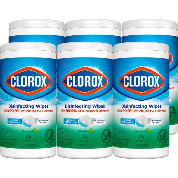 Clorox Disinfecting Wipes, Fresh Scent, 75 Per Container, Pack of 6