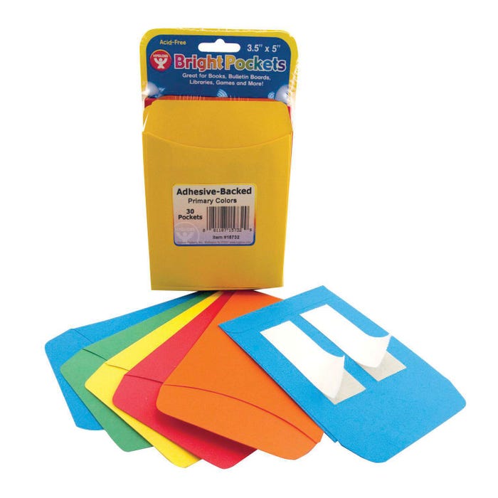 Hygloss Self-Adhesive Library Pockets, 3 x 5 Inches, Assorted Primary Colors, Set of 30