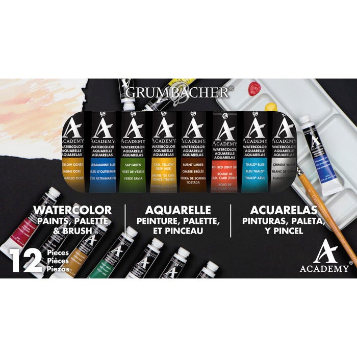 Grumbacher Academy Non-Toxic Watercolor Paint Set, 0.25 oz Tube, Assorted Colors, Set