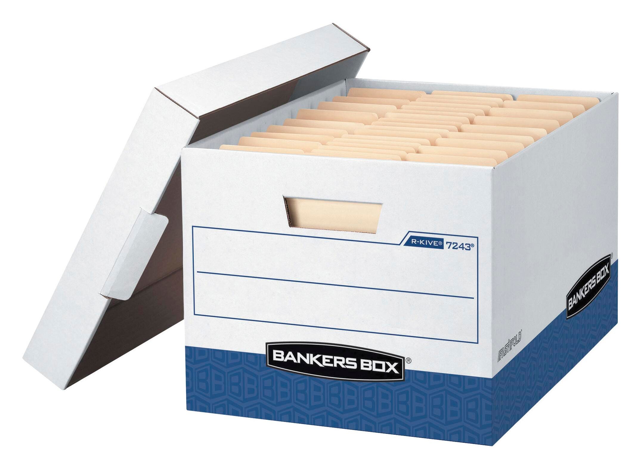 Bankers Box R-Kive File Storage Box, 12 x 15 x 10 Inches, White/Blue, Pack of 4, Item Number 1603111