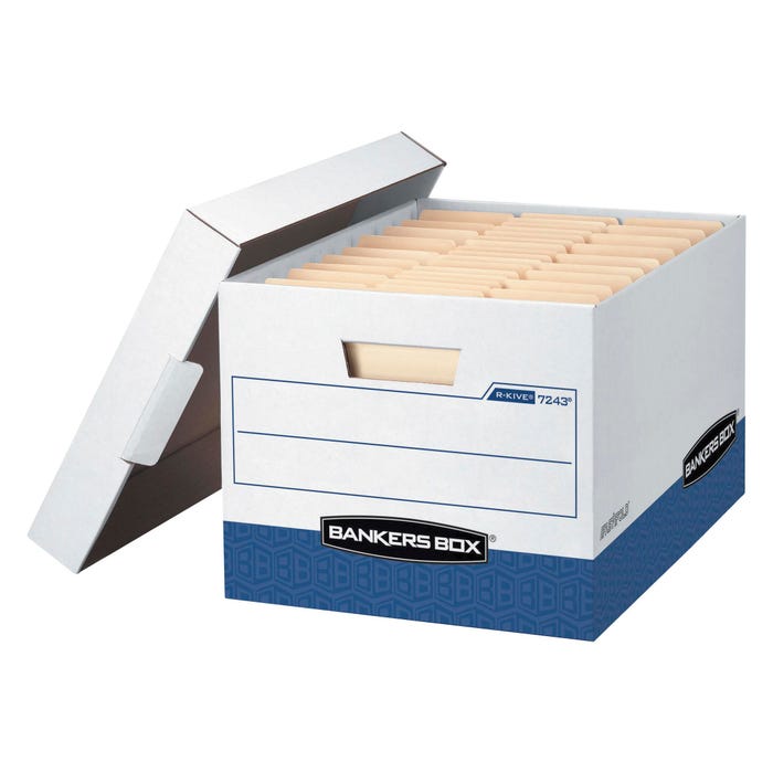 Bankers Box R-Kive File Storage Box, 12 x 15 x 10 Inches, White/Blue, Pack of 4