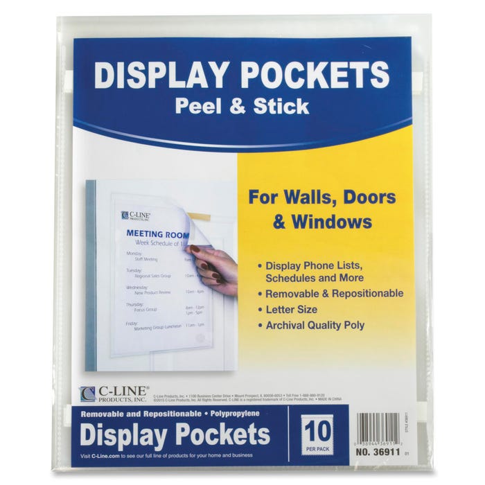 C-Line Peel and Stick Display Pockets, 8-1/2 x 11 Inches, Clear, Pack of 10