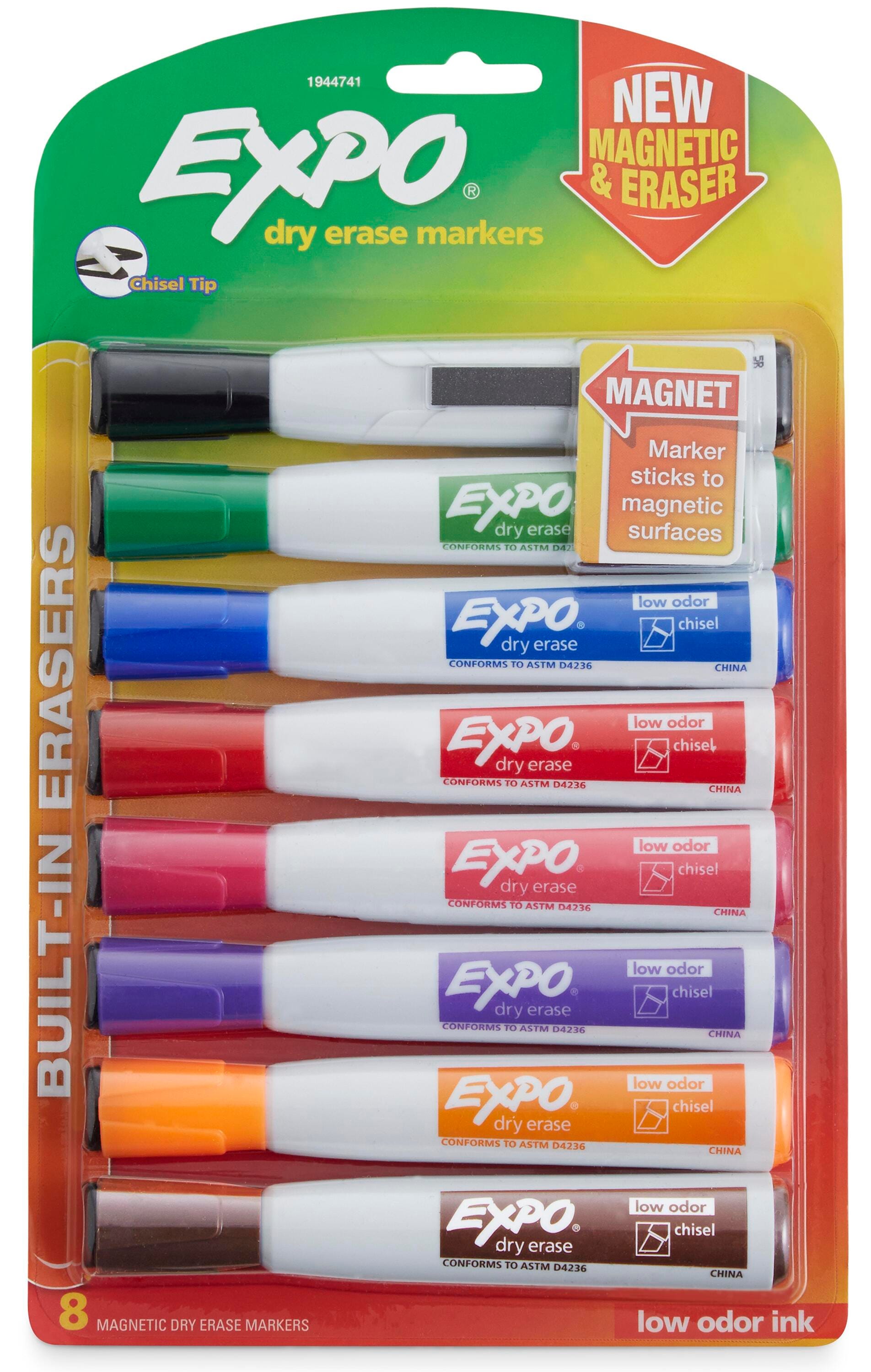 EXPO Magnetic Dry Erase Markers with Erasers, Chisel Tip, Assorted Colors, Set of 8 1570266