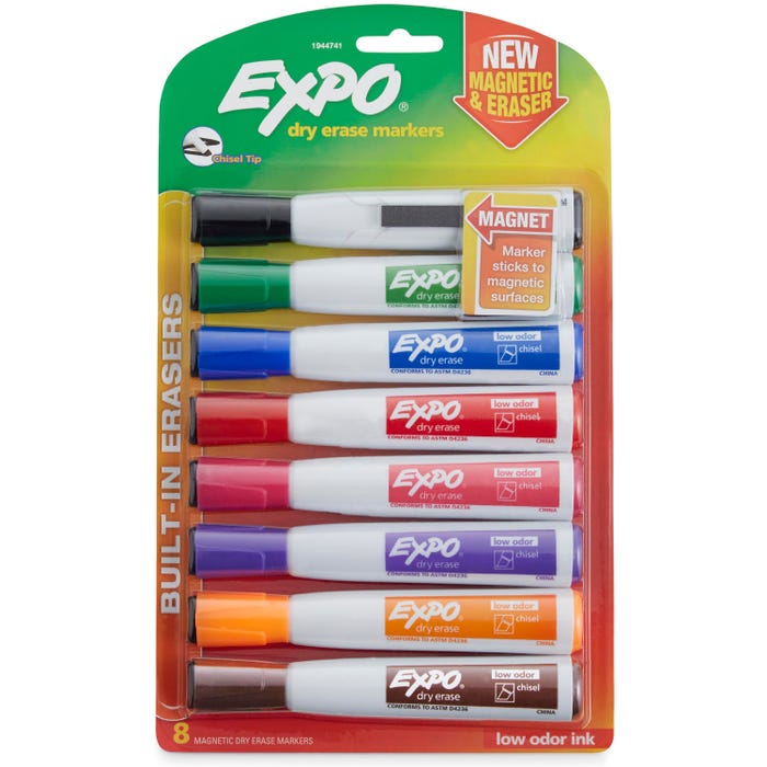 EXPO Magnetic Dry Erase Markers with Erasers, Chisel Tip, Assorted Colors, Set of 8