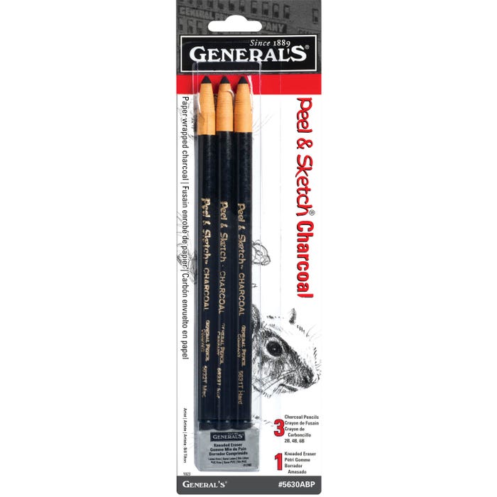 General's Peel and Sketch Smooth Charcoal Pencils, Assorted Hardness, Black, Set of 4