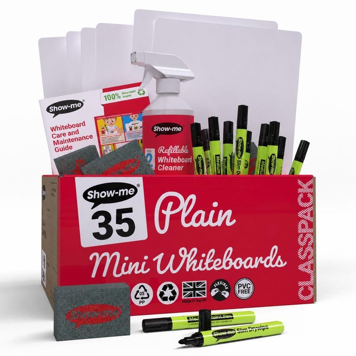 Show-me Double-Sided Dry Erase Boards Set, 8 x 12 Inches, Includes Markers, Erasers & Cleaner, Pack of 35
