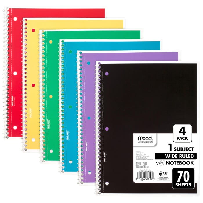 Mead 1 Subject Wirebound Wide Ruled Notebook, 70 Sheets, 7-1/2 x 10-1/2 Inches