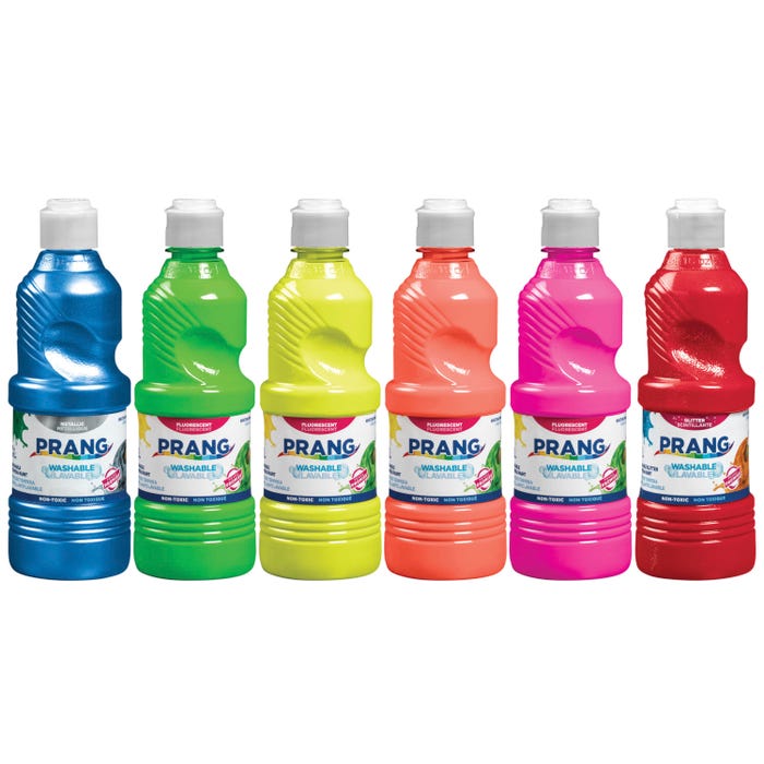 Prang Ready-to-Use Washable Tempera Paint Set, Assorted Metallic, Fluorescent, Glitter Colors, Pint Set of 6