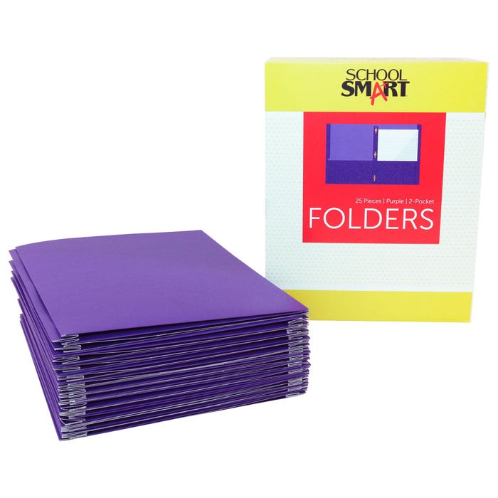 School Smart 2-Pocket Folder with Fasteners, Purple, Pack of 25