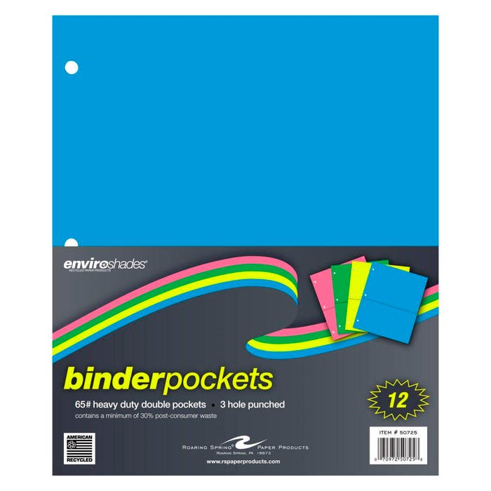 Enviroshades Binder Pockets, 9-1/4 x 11 Inches, Assorted Colors, Pack of 12