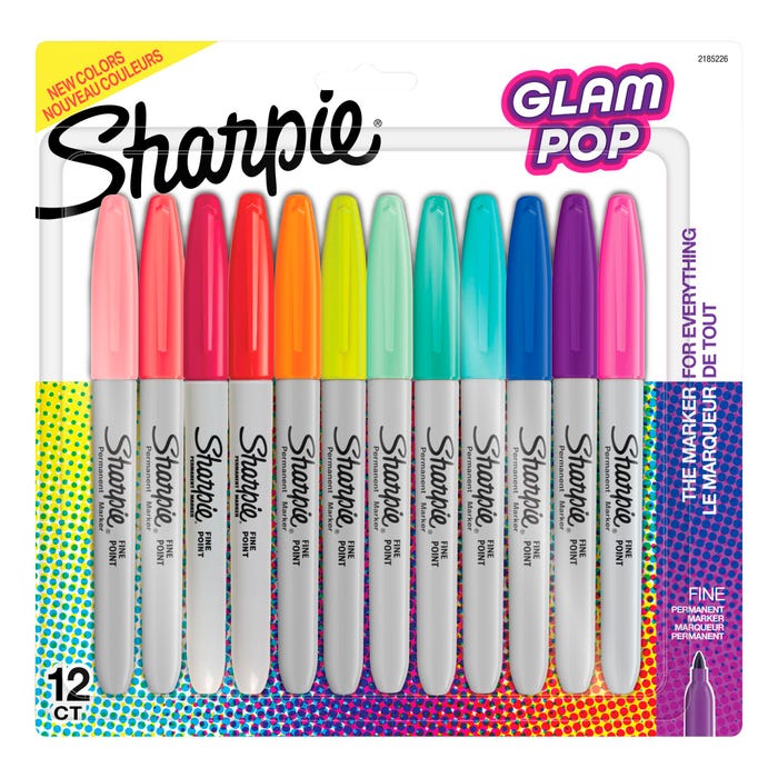 Sharpie Permanent Markers, Fine Point, Assorted Glam Pop Colors, Set of 12