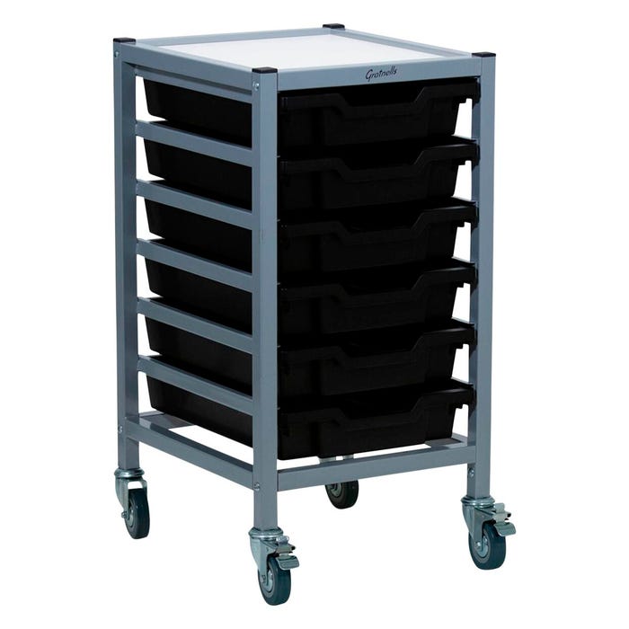 Gratnells Dynamis Low Single Cart, 6 Shallow F1 Trays, 14-3/5 x 16-3/5 x 28-1/5 Inches