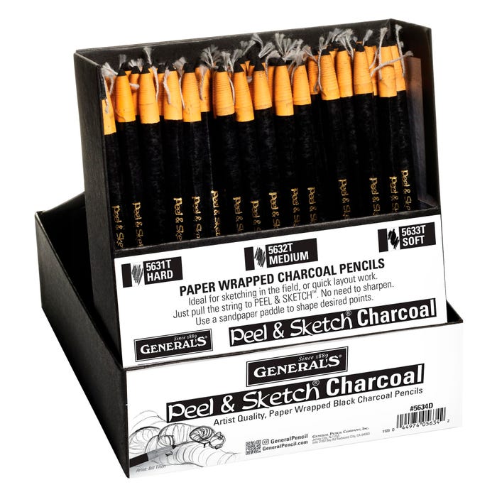 General's Peel and Sketch Smooth Charcoal Pencils, Assorted Hardness, Black, Set of 72