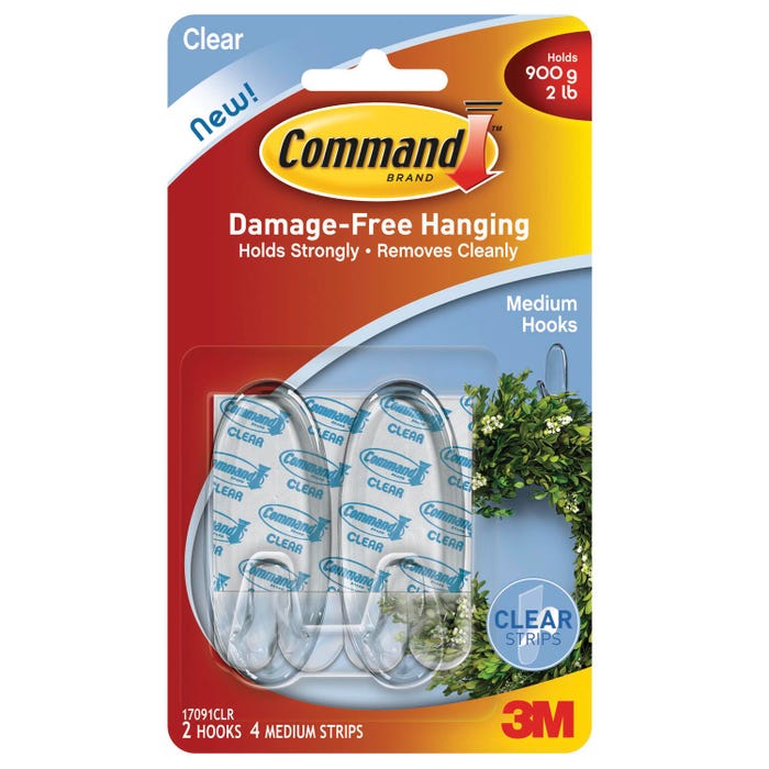 Command Hook with 4 Adhesive Strips, Medium, 2 lb, Clear, Pack of 2