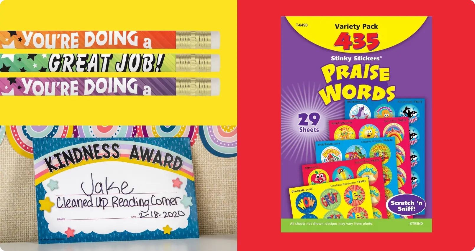 Colorful classroom reward supplies including motivational pencils with 'You're Doing a Great Job' text, kindness award certificate for Jake dated 2-18-2020, and variety pack of 435 scratch-and-sniff praise word stickers for teachers