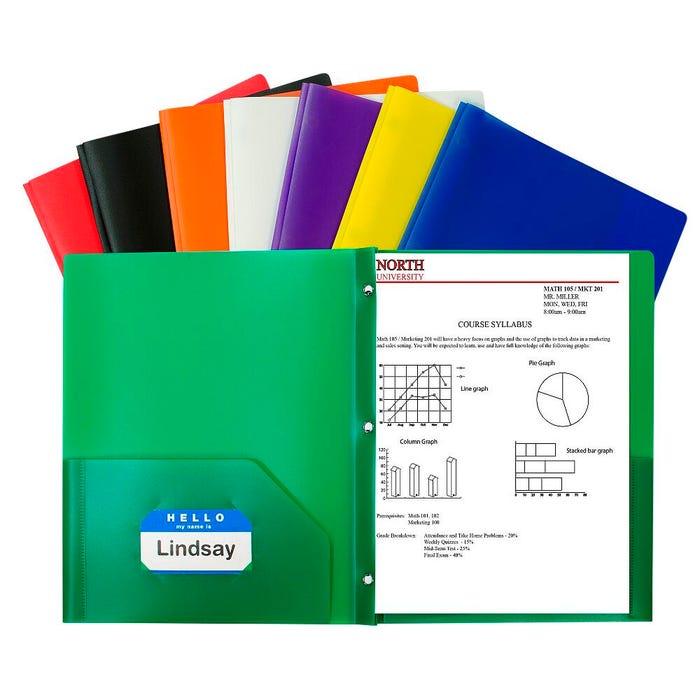 C-Line 2-Pocket Poly Portfolio with Prongs, Assorted Colors, Set of 36