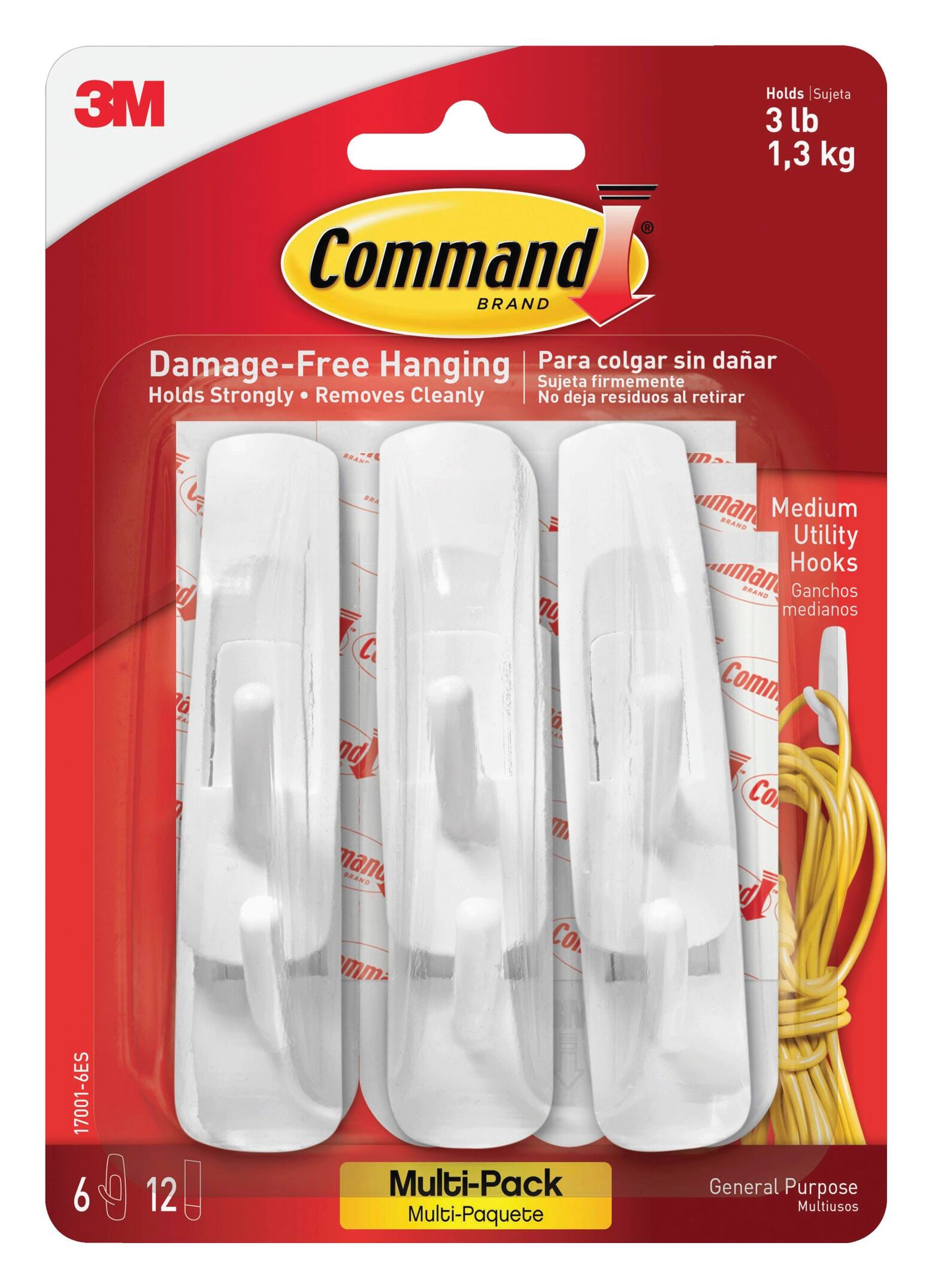 Command Hook with Adhesive Strips, Medium, 3 lb, White, Pack of 6 2133423