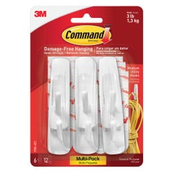 Command Hook with Adhesive Strips, Medium, 3 lb, White, Pack of 6 2133423