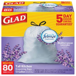 Glad ForceFlex Drawstring Tall Trash Bags, Lavender Scent, 13 Gallon, White, 80 Count Box