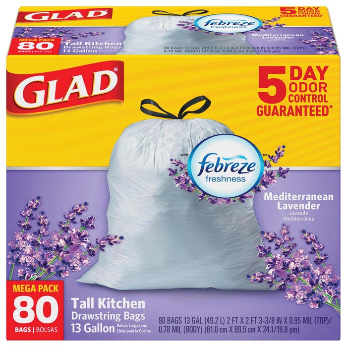 Glad ForceFlex Drawstring Tall Trash Bags, Lavender Scent, 13 Gallon, White, 80 Count Box