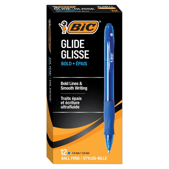 BIC Glide Bold Retractable Ball Pens, 1.6 mm, Blue, Pack of 12