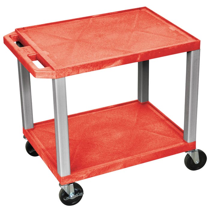 Luxor 2-Shelf Tuffy Cart With Power, Red Shelves, Nickel Legs, 24 x 18 x 24-1/2 Inches