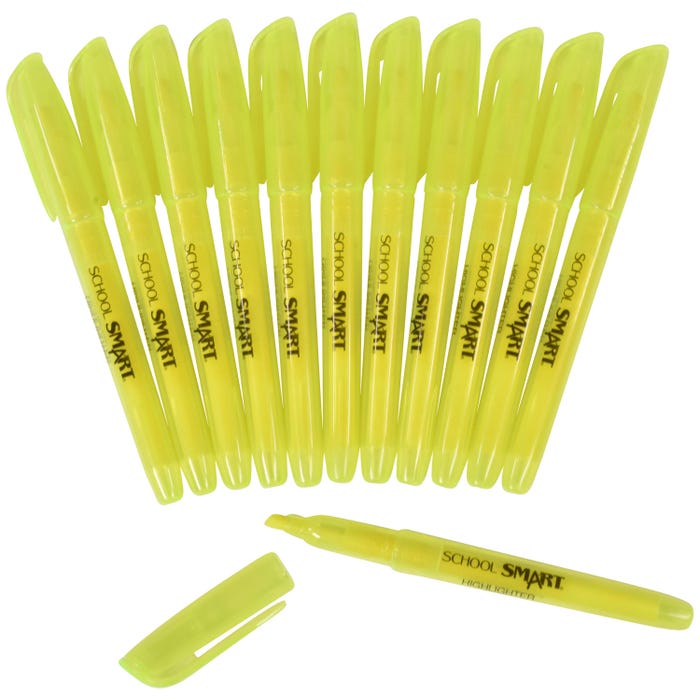 School Smart Pen Style Highlighters, Chisel Tip, Yellow, Pack of 12