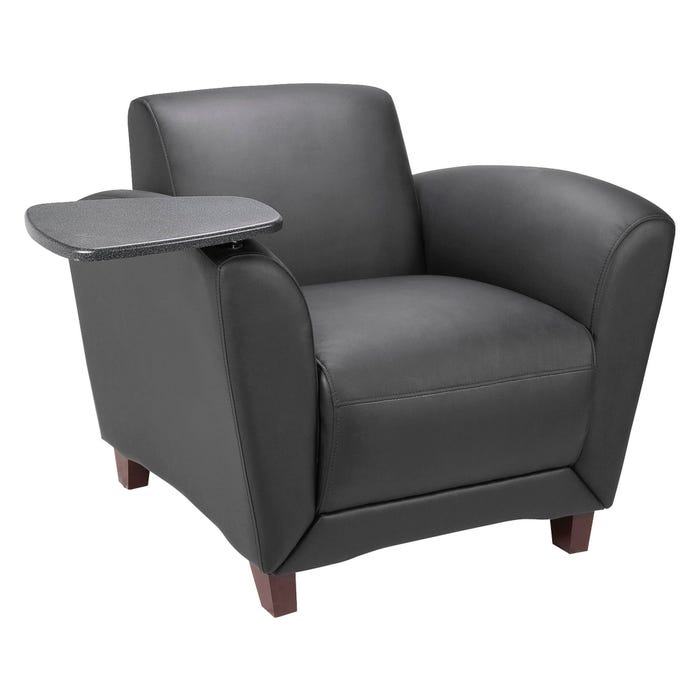 Lorell Reception Seating Collection Chair with Tablet, 36 x 34-1/2 x 31-1/3 Inches, Black Leather