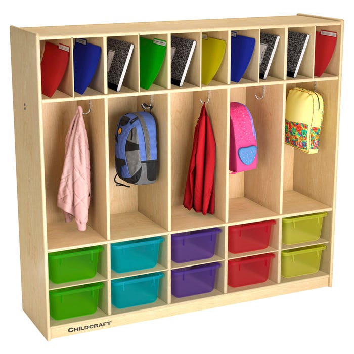 Childcraft Double-Bin Coat Locker with 10 Translucent-Color Bins, 53-3/4 x 14-1/4 x 48 Inches