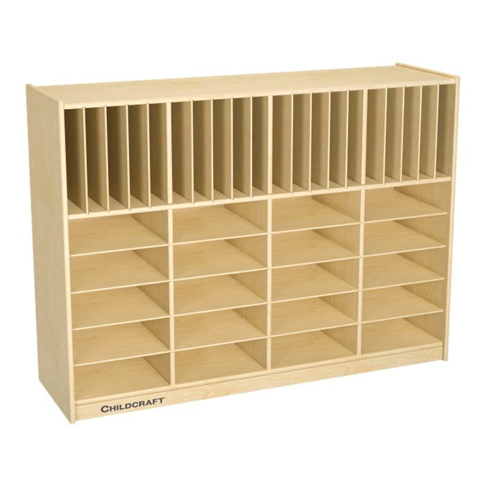 Childcraft Mobile Flat Tray and Folder Cubby Storage Unit, Wooden, 47-3/4 x 14-1/4 x 36 Inches