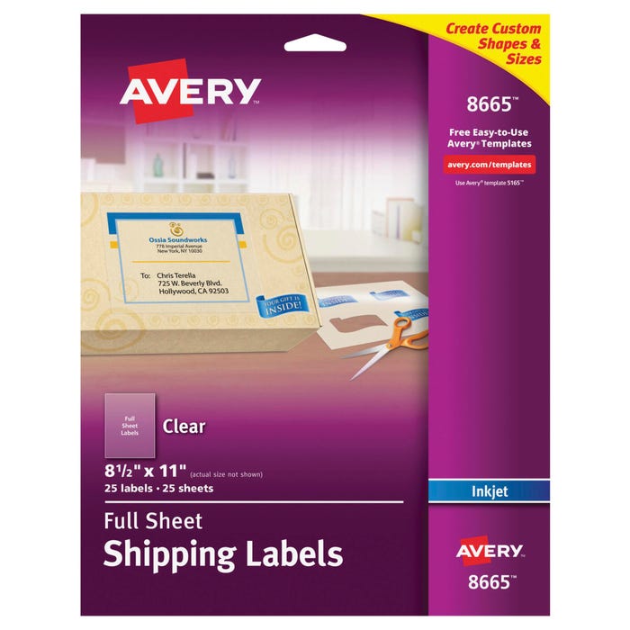 Avery Easy Peel Full Sheet Label, Inkjet, 8-1/2 x 11 Inches, Clear, Pack of 25