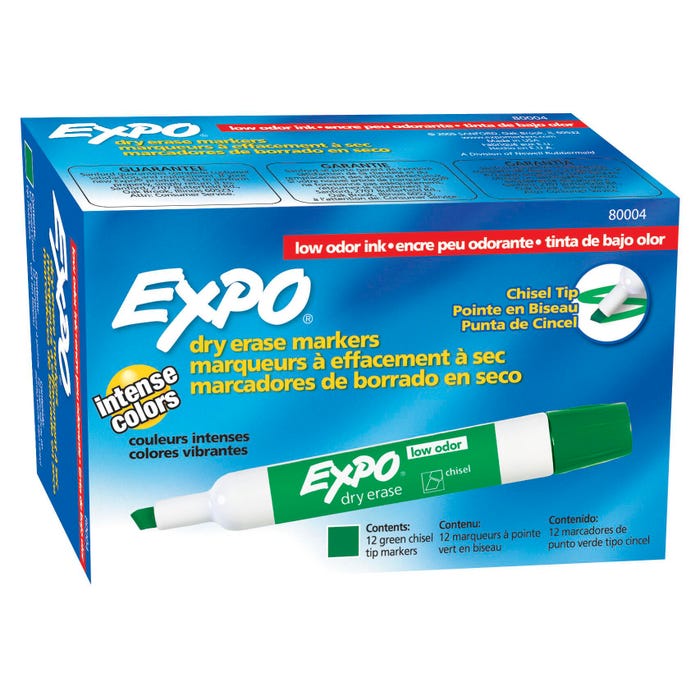EXPO Low Odor Dry Erase Markers, Chisel Tip, Green, Pack of 12