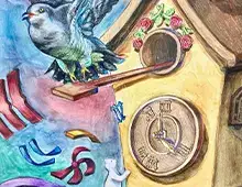 Colorful drawing of a blue bird emerging from a cuckoo clock where the numbers of the clock face are drifting away.