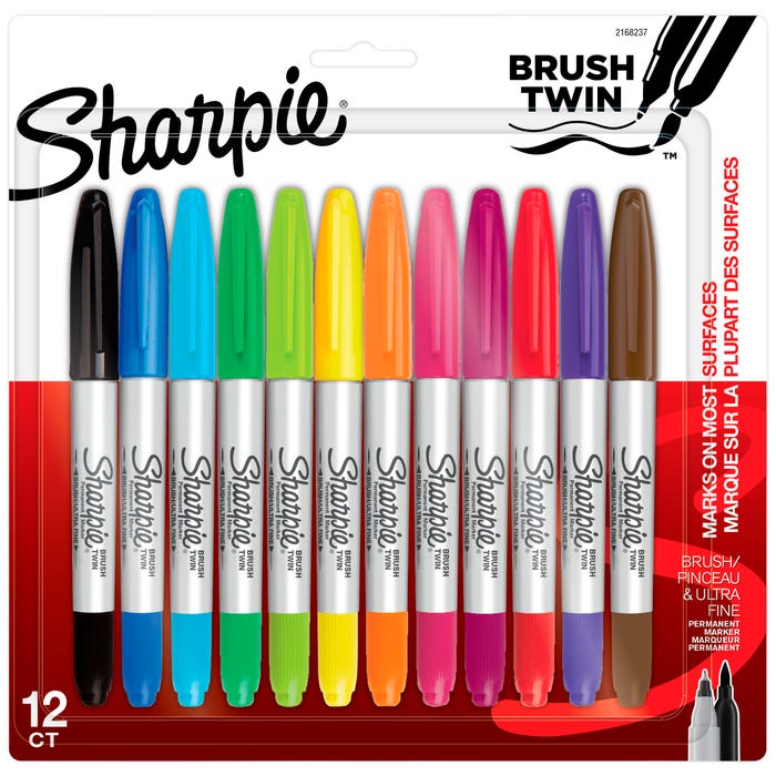 Sharpie Brush Twin Permanent Markers, Brush and Ultra Fine Tips, Assorted Colors, Pack of 12