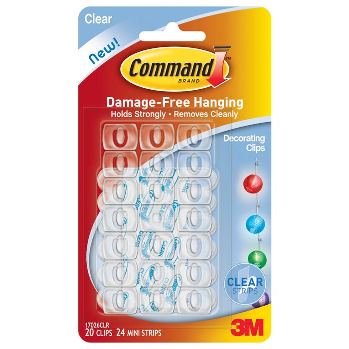 Command Decorating Clip with 24 Adhesive Mini Strips, Clear, Pack of 20