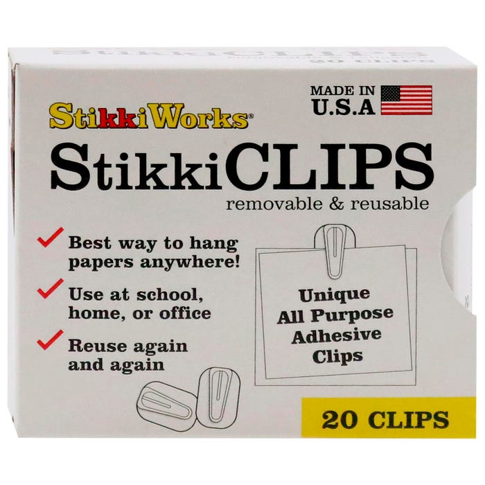 StikkiWorks Stikki Clips Paper Holders with Mounting Putty, Reusable and Removable, White, Pack of 20