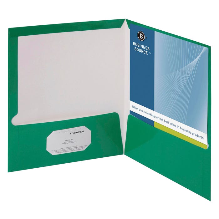 Business Source 2-Pocket Laminated Folder, 100 Sheet Capacity, Green, Pack of 25