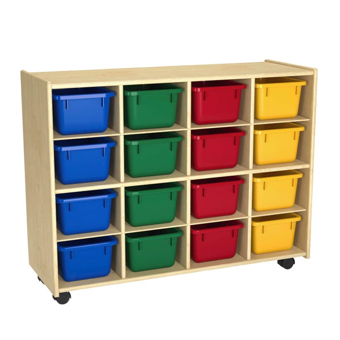 Childcraft Mobile Cubby Unit with Locking Casters, 16 Primary-Color Bins, 38-5/16 x 14-1/4 x 30 Inches