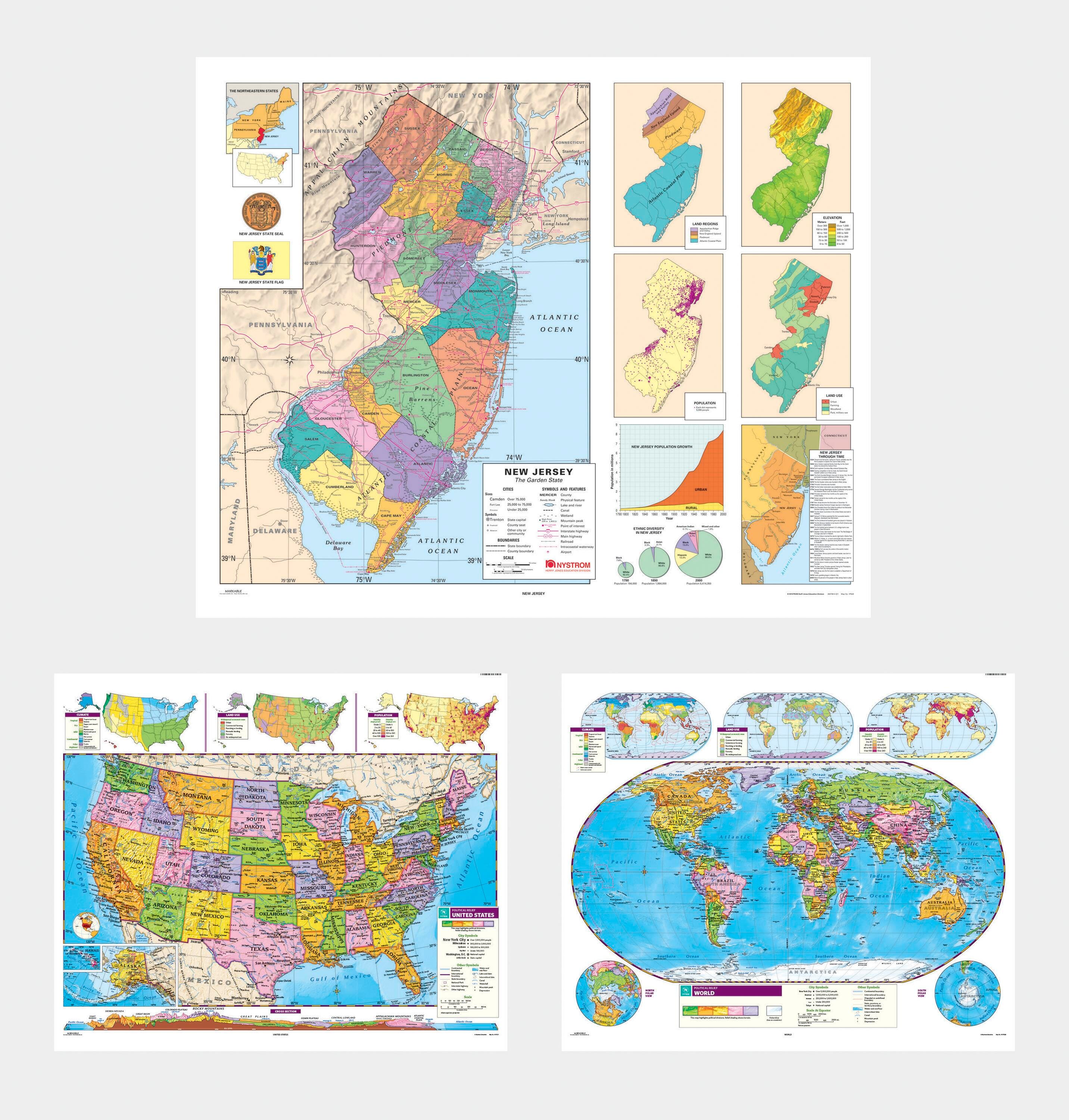 Social Studies NEW JERSEY/U.S./WORLD MAP COMBO, Markable, Erasable, Grades 4-12, Item Number 1566318