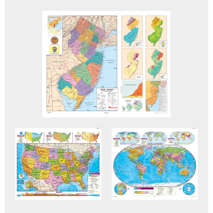 Social Studies NEW JERSEY/U.S./WORLD MAP COMBO, Markable, Erasable, Grades 4-12