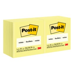 3M Post-it Original Plain Notes, 3 x 3 Inches, Canary Yellow, Pack of 12, Item Number 028622