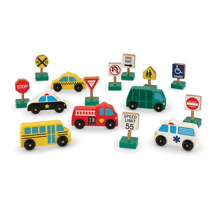 Melissa & Doug Wooden Vehicles and Traffic Signs, Set of 15