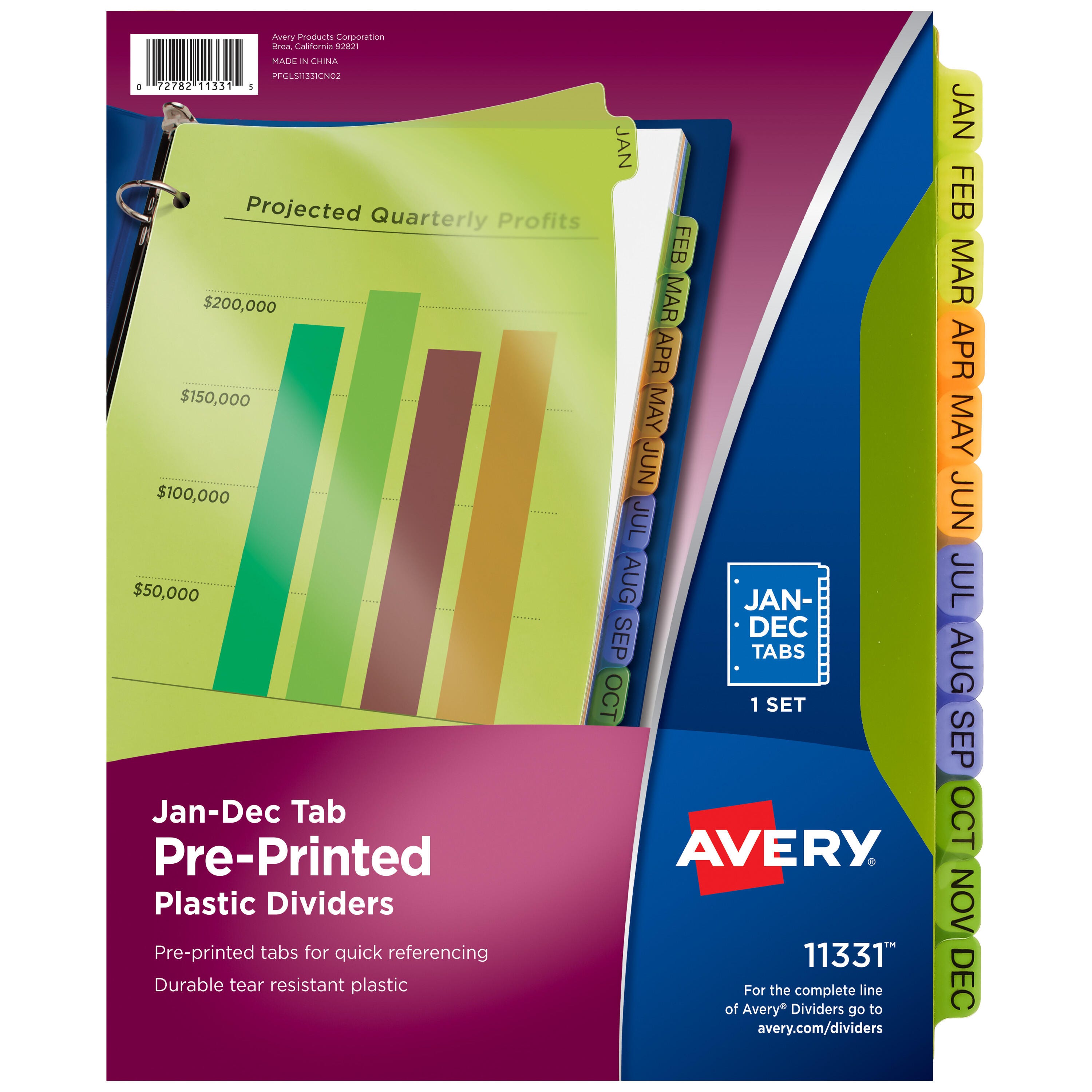 Avery Preprinted Plastic Dividers, 12 Tab, Jan-Dec, Assorted Colors 1483175