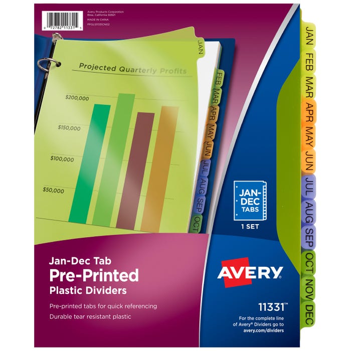 Avery Preprinted Plastic Dividers, 12 Tab, Jan-Dec, Assorted Colors
