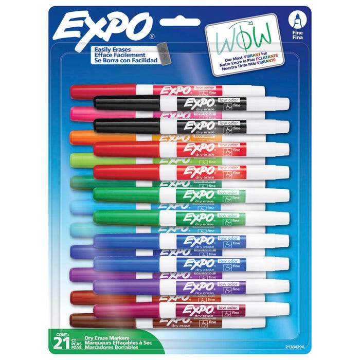 EXPO Low Odor Dry Erase Markers, Fine Tip, Assorted Vibrant Colors, Pack of 21